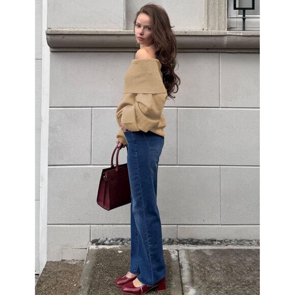 Women's Oversized Off Shoulder Sweater Knit Top Long Lantern Sleeves Fall - Picture 4 of 6